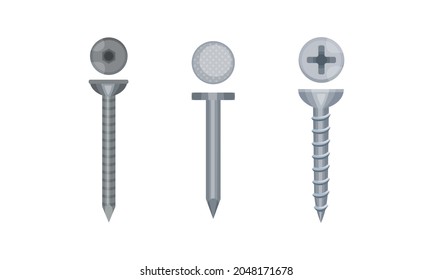 Fastener de metal y uña como objeto pequeño y dispositivo de hardware utilizado para unirse al conjunto de vectores