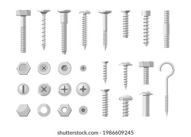 Metal fastener, stainless steel bolt, brass and screw set. Silver, chrome or titanium rivet and washer hardware tool for fixation and repairing vector illustration isolated on white background