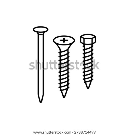 Metal fasteners black and white vector illustration of nail and screws construction hardware for building and repair