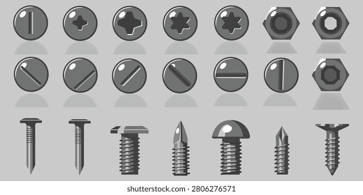 Metal Fasteners Collection Illustration Featuring Screws Bolts Nuts And Hardware Components For Construction Manufacturing Engineering And Industrial Design Projects