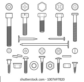 Metal fasteners line vector. Linear screws, nuts and bolts isolated on white background