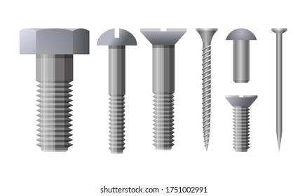Metal fastening items bolts screws rivet nail. Set of vector illustrations isolated on white background