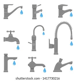 Metal faucet icon set, water tap for sink. Device to control the flow of liquid. Sanitary engineering, vector illustration isolated on white background.