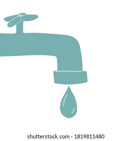 Metal faucet with water drop. Flat vector illustration of crane. Sink element