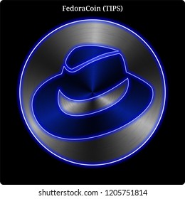 Metal FedoraCoin (TIPS) cryptocurrency coin with blue neon glow.