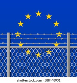 Metal fence with barbed wire on a European Union flag. Separation concept, borders protection. Template for march against anti-immigration policies. Social issues on refugees or illegal immigrants