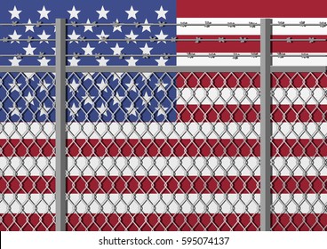 Metal fence with barbed wire on a USA flag. Separation concept, borders protection. Template for march against anti-immigration policies. Social issues on refugees or illegal immigrants