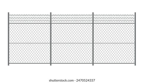 Metal fence with barbed wire. Rabitz grid isolated on white background. Secured territory. Protected area or prison fencing. Vector stock