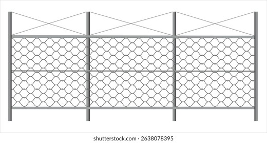 Metal fence with barbed wire. Rabitz grid isolated on white background. Secured territory. Protected area or prison fencing. Vector stock