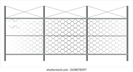 Metal fence with barbed wire. Rabitz grid isolated on white background. Secured territory. Protected area or prison fencing. Vector stock