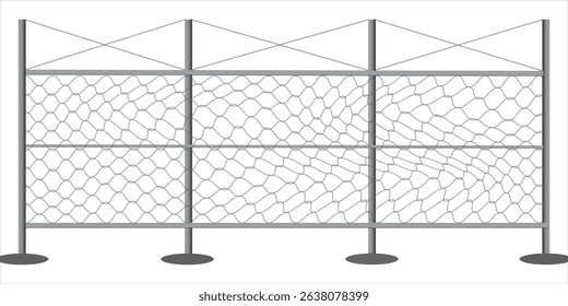 Metal fence with barbed wire. Rabitz grid isolated on white background. Secured territory. Protected area or prison fencing. Vector stock