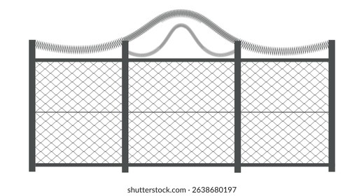 Metal fence with barbed wire. Rabitz grid isolated on white background. Secured territory. Protected area or prison fencing. Vector stock