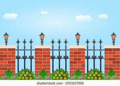 Metal fence with decorative cast iron wrought, pillars of bricks, plant and flashlights. Fence with street lamps against the sky. City park or street wall. Vintage gate with swirls.Vector illustration