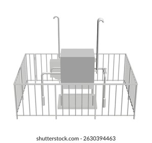 Uma cerca de metal com um posto de distribuição de gás. A cerca é de metal e muito alta