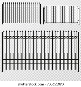 Metal fence with gate in flat style isolated on transparent background.