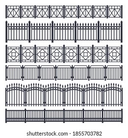 Metal fence and gate, iron steel railing barrier, vector isolated set. Metal fence or gate wall with forged and wrought railing pattern, house and park metal fence links svg