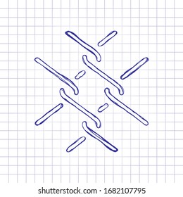 Metal fence grid, wire mesh, outline design. Hand drawn picture on paper sheet. Blue ink, outline sketch style. Doodle on checkered background