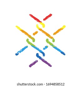 Metal fence grid, wire mesh, outline design. Drawing sign with LGBT style, seven colors of rainbow (red, orange, yellow, green, blue, indigo, violet
