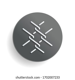 Metal fence grid, wire mesh, outline design. White paper symbol on gray round button or badge with shadow