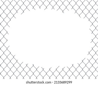 Metal fence mesh netting with a hole. Template isolated on white background. Vector mockup