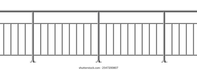 Valla metálica con rieles aislados sobre fondo transparente. Balcón de acero con balaustradas. Vector realista 3D ilustración de la barrera de hierro, balaustrada de escaleras para el diseño de interiores.