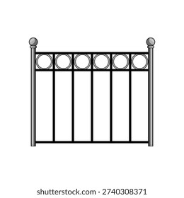 Metal fence section featuring black vertical bars, gray posts, and a top rail with repeating circular decorative elements, creating a security barrier