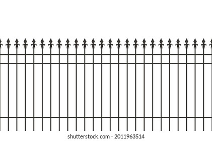 Metal fence, spike lattice bars. Iron gate, vector illustration. Safety barrier graphic black garden or house security