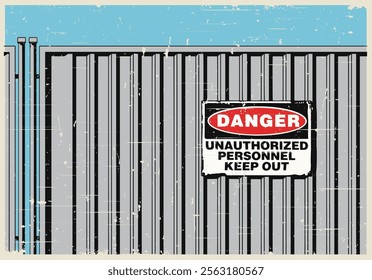 Metal fence with a warning sign close up retro poster