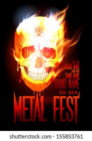 Metal fest design template with skull in flames and place for text. Eps10