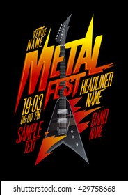 Metal fest poster design with vintage v style electro guitar, copy space mockup