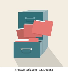 Metal filling cabinet with red folders. Illustrated concept of database organizing and maintaining. 