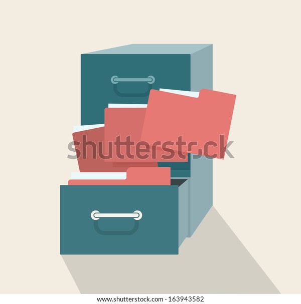 Metal filling cabinet with\
red folders. Illustrated concept of database organizing and\
maintaining. 