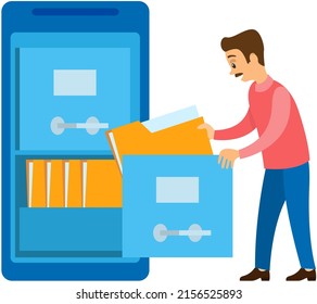 Metal filling cabinet with yellow folders. Concept of database organizing and maintaining, card file. Card-index with business documents, organizer. Man puts folder with information in data warehouse