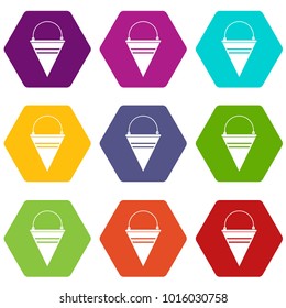 Metal fire bucket icon set many color hexahedron isolated on white vector illustration