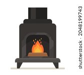 Metal Fireplace With Burning Fire. Iron Black Stove with Chimney Isolated on White Background, Indoors Modern Heating System in Contemporary Style, Household Equipment. Cartoon Vector Illustration