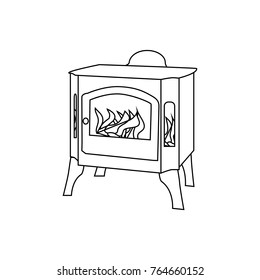 Metal fireplace in flat style. Vector illustration of hearth. Outline Christmas Stove illustration isolated on white background