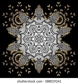 Metal with floral pattern. Black background with golden elements. Golden pattern. Vector golden floral ornament brocade textile pattern, white doodles.