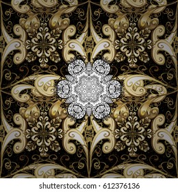 Metal with floral pattern. Black background with golden elements. Vector golden floral ornament brocade textile pattern, glass pattern.