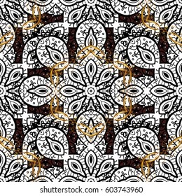 Metal with floral pattern. Brown background with golden elements. Seamless golden pattern. Vector golden floral ornament brocade textile pattern, white doodles.