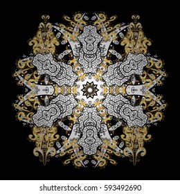 Metal with floral pattern. Golden pattern. Background with golden elements. Vector golden floral ornament brocade textile pattern, white doodles.