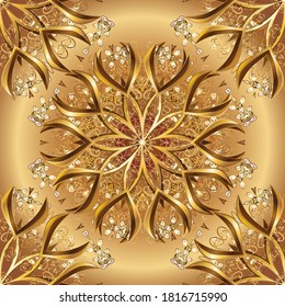 Metal con estampado floral. Patrón dorado. Patrón textil brocado de adorno floral dorado vectorial. Colores marrones y beige con elementos dorados.