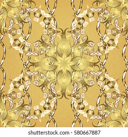Metal with floral pattern. Golden pattern. Vector golden floral ornament brocade textile pattern. Yellow background with golden elements.