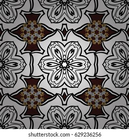 Metal with floral pattern. Golden pattern. Vector golden floral ornament brocade textile pattern. Brown background with golden elements.