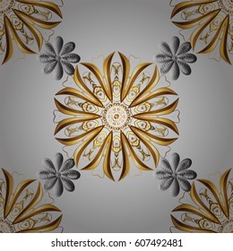 Metal with floral pattern. Gray background with golden elements. Seamless golden pattern. Vector golden floral ornament brocade textile pattern, white doodles.