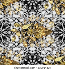Metal with floral pattern. Gray background with golden elements. Seamless golden pattern. Vector golden floral ornament brocade textile pattern, white doodles.
