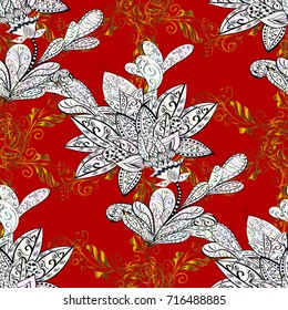 Metal with floral pattern. Ornamental golden pattern. Vector golden floral ornament brocade textile pattern, white doodles. Red, neutral and gray colors with golden elements.