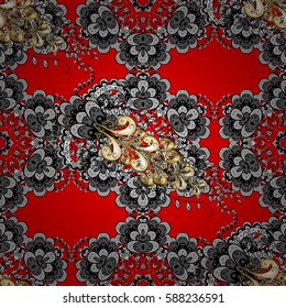 Metal with floral pattern. Red background with golden elements. Seamless golden pattern. Vector golden floral ornament brocade textile pattern, white doodles.