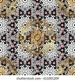 Metal with floral pattern. Red background with golden elements. Seamless golden pattern. Vector golden floral ornament brocade textile pattern, white doodles.