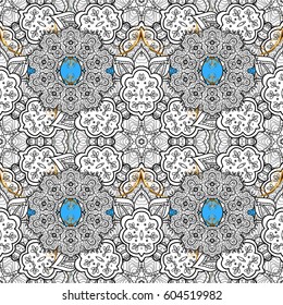 Metal with floral pattern. Seamless golden pattern. Vector golden floral ornament brocade textile pattern, white doodles. Blue background with golden elements.