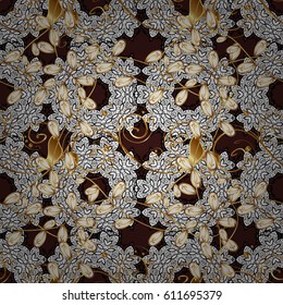 Metal with floral pattern. Seamless golden pattern. Vector golden floral ornament brocade textile pattern, white doodles. Brown background with golden elements.